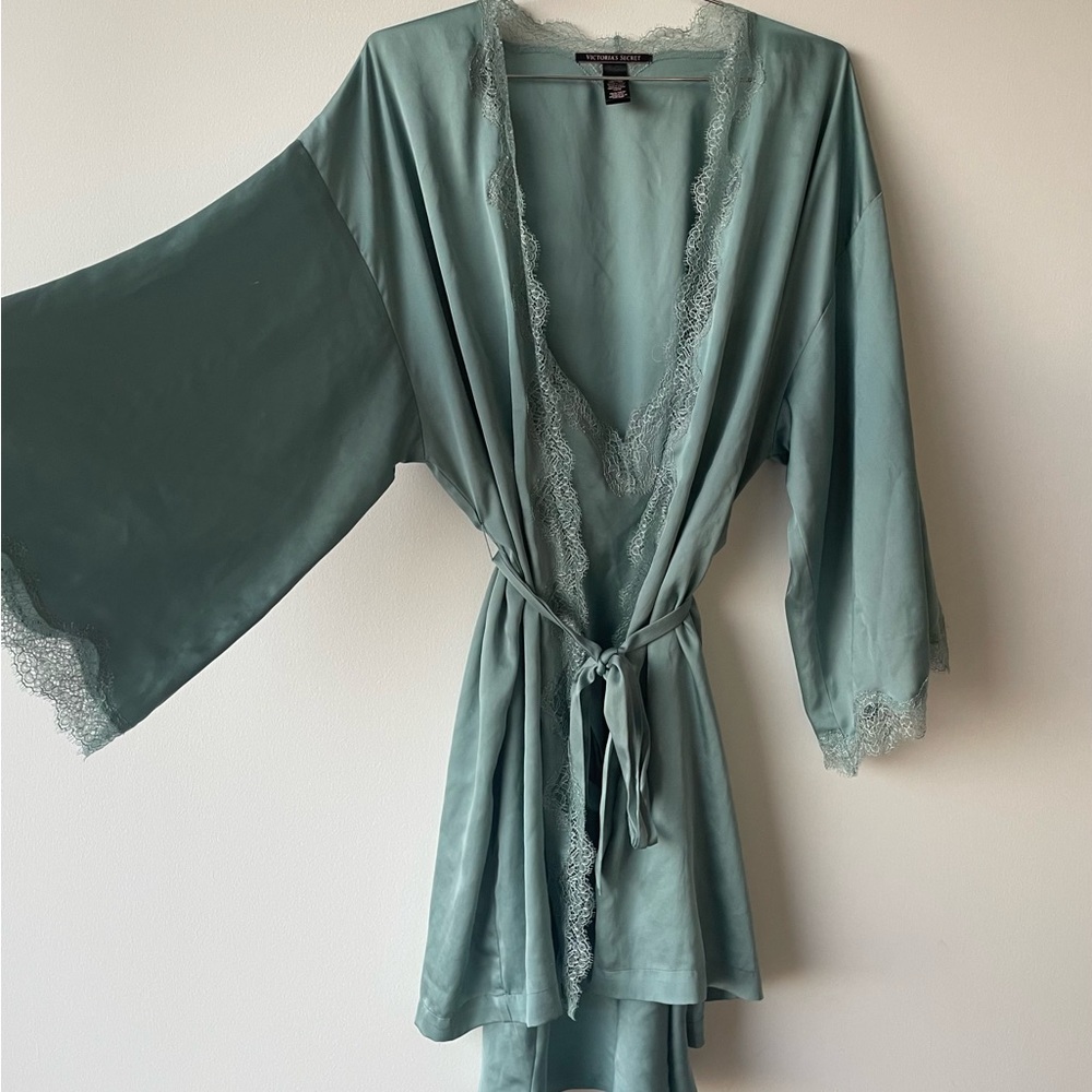 Victoria Secret seafoam green satin robe and chemise dress set